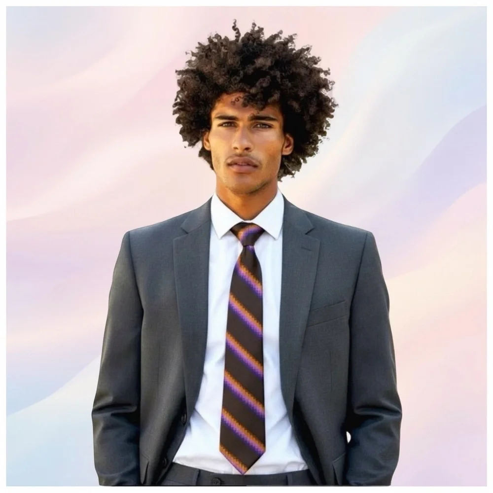 Bijan Handcrafted Silk Tie – Italy – Brown, Purple, Gold Stripes - Picture 7 of 10